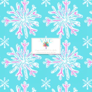 May include: A seamless pattern featuring white snowflakes with pink outlines on a light blue background. The pattern is titled "Happy Deck & Foil Snowflakes" and is a "seamless pattern" by "The VVC Company".