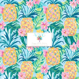 Preppy Aloha Garden, 1 nahtloses Muster aus tropischen Ananas und Hibiskusblüten, lebendiges Pastell-Dschungel-Design, Sommer-Digital-Papier
