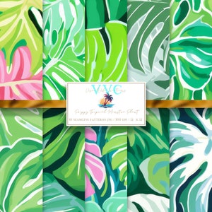 Preppy tropische Monstera Pflanze, digitales Papier, 10 nahtlose Muster für druckbares Scrapbookpapier - sofortiger Download, Insel, Strand, Pflanzen