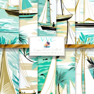 Carta digitale Preppy Island Sailboat, 10 modelli senza soluzione di continuità per carta da scrapbooking stampabile - Download immediato, modello spiaggia, palme