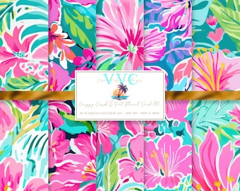 Preppy Pink & Teal Floral Pack #2 Digital Paper, 10 Seamless Patterns for Printable Scrapbook Paper - Instant Download, beach