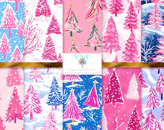 Preppy rosa jul digitalt papper, 10 sömlösa mönster för scrapbookingpapper - direkt nedladdning, vinter, snö, semester, julgran
