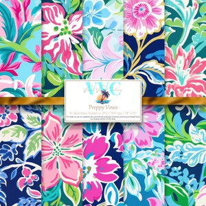 May include: Set of 10 digital seamless patterns featuring a preppy floral design with pink, blue, and green flowers on a navy blue background. Preppy Vines. 12 inches by 12 inches. 300 dpi.
