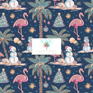 May include: A repeating pattern featuring pink flamingos, snowmen, Christmas trees, and palm trees on a navy blue background. The design includes decorative ornaments and the text "Poppy Beach Christmas".