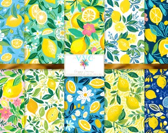 Preppy Lemons, 10 Seamless Patterns Digital Paper, Lemon Citrus Printable Scrapbook Paper, Summer Fruit Kitchen Decor, Instant Download