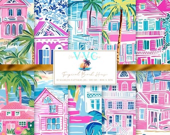 Tropical Beach House Digital Paper, 10 Seamless Preppy Beach Patterns for Printable Scrapbook Paper - Instant Download, island