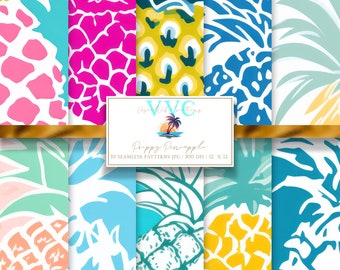 Preppy Pineapple Digital Paper, 10 Seamless Preppy Patterns for Printable Scrapbook Paper - Instant Download, pineapples, tropical fruit