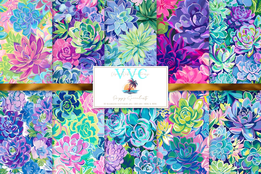 Preppy Succulents Digital Paper, 10 Seamless Patterns for Printable ...