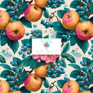 May include: A seamless pattern featuring yellow and pink apples, clusters of dark blue berries, and dark teal leaves on a cream background. A rectangular white label in the center displays the text VVC, a palm tree icon, and Poppy Floral Apple Orchard.