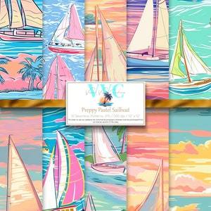 May include: Ten digital paper patterns featuring a preppy pastel sailboat design. The patterns are seamless and can be used for crafting, scrapbooking, and other creative projects.