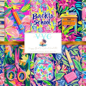 Può includere: Un vivace collage di motivi a tema scolastico. Il design include libri, matite, mele e uno zaino, con le parole "Back to School" e "Welcome Back" su uno sfondo floreale colorato. Il tema generale è luminoso e allegro.