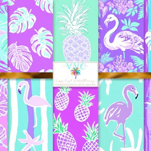Puede incluir: Un conjunto de 10 patrones de papel digital con diseños tropicales en tonos de morado, azul y verde. Los patrones incluyen piñas, flamencos y hojas de palma.