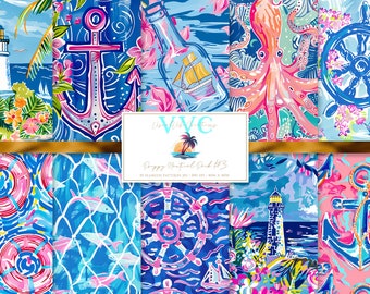 Preppy Nautical Pack #3 Papel Digital, 10 Patrones Sin Costuras para Papel de Scrapbook Imprimible, Descarga Instantánea, barco, ancla, pescado, playa, barco