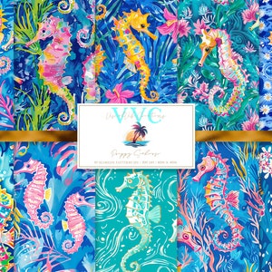 Preppy Seahorse Digital Paper, 10 Seamless Colorful Patterns for Printable Scrapbook Paper, Instant Download, summer, beach, sea life, coral