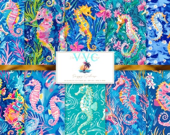 Preppy Seahorse Digital Paper, 10 Seamless Colorful Patterns for Printable Scrapbook Paper, Instant Download, summer, beach, sea life, coral