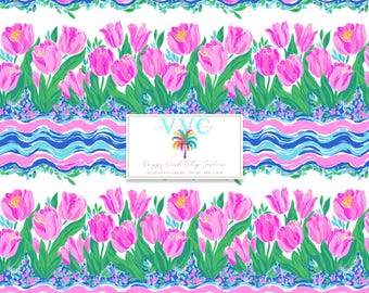 Giardino di tulipani rosa preppy, 1 motivo senza soluzione di continuità, stampa floreale primaverile, carta digitale con tulipani rosa, album di ritagli