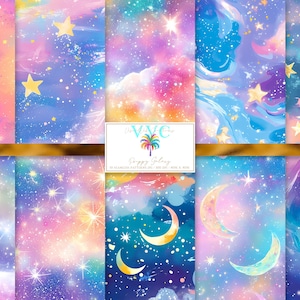 Preppy Galaxy digitaal papier, 10 naadloze patronen voor afdrukbaar plakboekpapier, direct downloaden, lucht, ruimte, sterren, maansikkel