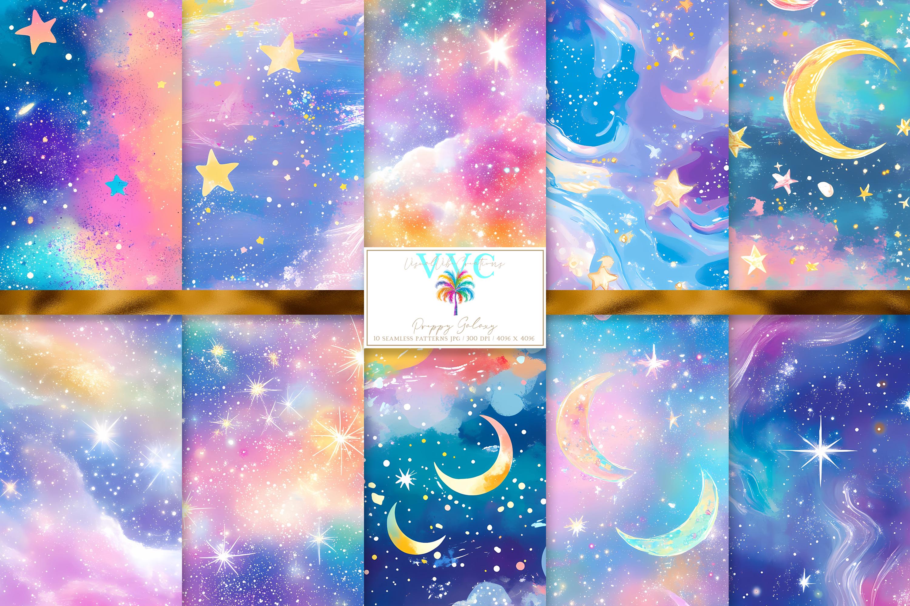 Preppy Galaxy Digital Papier, 10 nahtlose Muster für Printable Scrapbook Papier, Instant Download, Himmel, Weltraum, Sterne, Mondsichel