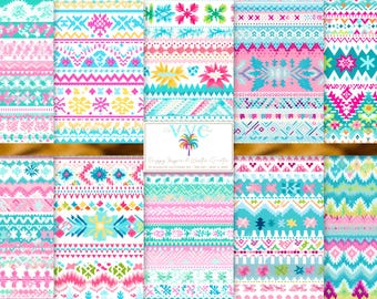 Preppy Inspired Winter Sweater Digital Paper, 10 Seamless Patterns for Scrapbook, Pastel Nordic Christmas Stripes, Winter Fair Isle Prints