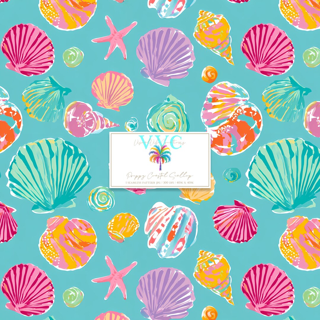 Preppy Coastal Scallop, 1 Seamless Pattern, Colorful Seashell Pattern ...