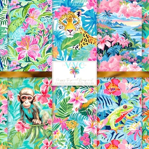 Preppy Tropical Rainforest, 10 Seamless Patterns, Jungle Animals and Hibiscus Florals, Vibrant Parrots, Sloths, Frogs, Monkey, Digital Paper