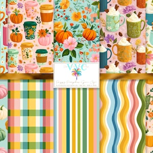 Può includere: Una collezione di motivi digitali con disegni ripetuti di zucche, tazze di caffè con panna montata, foglie autunnali, quadri, strisce verticali e linee ondulate in una palette di colori arancione, rosa, verde, blu e giallo con un logo.