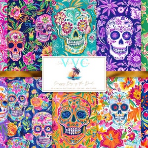 Preppy Day of the Dead digitales Papier, 10 nahtlose Muster für druckbares Papier - zum sofortigen Download