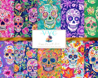 Preppy Day of the Dead Digital Paper, 10 Seamless Patterns for Printable Scrapbook Paper - Instant Download, skull, skeleton, vibrant