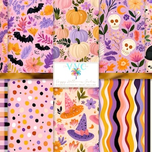 May include: A digital collection of ten seamless patterns featuring Halloween motifs including ghosts, bats, pumpkins, skulls, black cats, and witch hats on floral backgrounds, plus plaid, polka dot, wavy, and striped designs with a central logo.