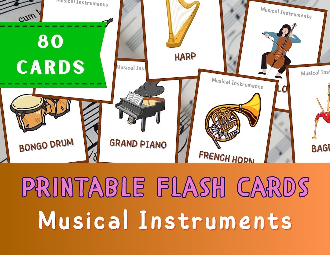 80 Musical Instruments Cards, Montessori Flash Cards, Preschool Cards
