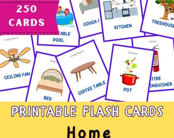 250 Tarjetas Cosas en un Hogar, Tarjetas Flash Montessori, Tarjetas Preescolares, Tarjetas Imprimibles Educativas DigiRelic, DESCARGA INSTANTE