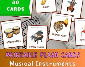 80 Tarjetas de Instrumentos Musicales, Tarjetas Flash Montessori, Tarjetas Preescolares, Tarjetas Imprimibles Educativas DigiRelic, DESCARGA INSTANTÁNEA