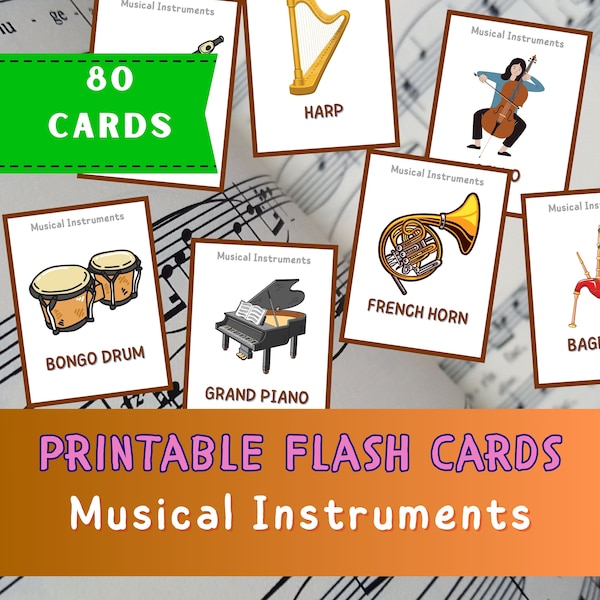 80 cartes d'instruments de musique, cartes flash Montessori, cartes préscolaires, cartes éducatives imprimables DigiRelic, téléchargement immédiat