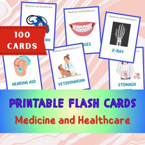 100 Medizin und Gesundheitskarten, Montessori Lernkarten, Vorschulkarten, DigiRelic Lernkarten, SOFORT-DOWNLOAD