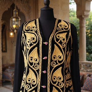 Gold-colored embroidered black Velvet Sultan Vest, Authentic Turkish Ethnic Vest image 1