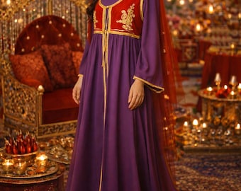 Purple Embroidered Kaftan – Henna Night Dress, Turkish Traditional Costume, bindallı, Medina Clothing, Theater Costume