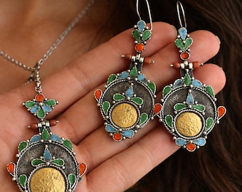 Ottoman Style Silver Necklace and Earring Set, Enamel Work, Coral Stone Center Parts, Gold Handcrafted Collectible Jewelry