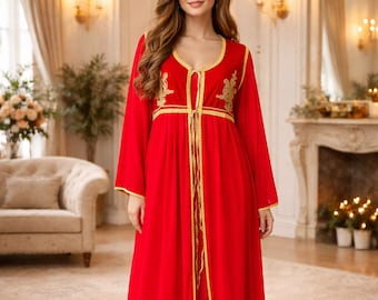 Red Embroidered Kaftan – Henna Night Dress, Turkish Traditional Costume, bindallı, Medina Clothing, Theater Costume