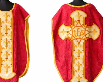 Vintage Tapestry Embroidered Priests Ceremonial Garment Chasuble Kazula with Fleur de lis Motif Brocade Fabric