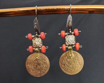 Antique Ottoman period gold plated coin, Ottoman Coral and Silver earrings