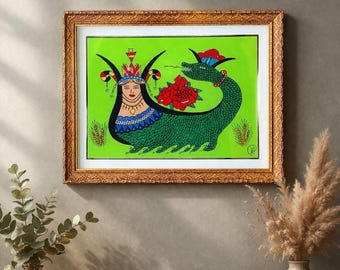 Vintage Shahmaran Glass Painting: Turkish Mythology Snake Woman Art