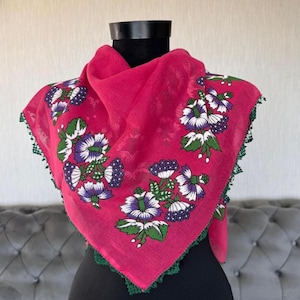 Turkish Anatolian Cotton Kerchief Scarf, Vintage Scarf, Crochet Lace Kerchief, Hand Printed Cotton Kerchief