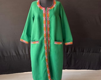Caftán turcomano de lana verde, abrigo bordado con cremallera, chaqueta auténtica