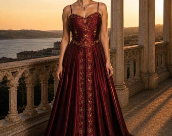 Vintage Burgundy Long Dress | Empire Style Embroidered Ball Gown & Henna Night Dress, Binali Kaftan