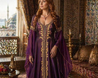 Purple Traditional Turkish Kaftan – Ottoman Motif Embroidered Bindallı, Henna Night Costume