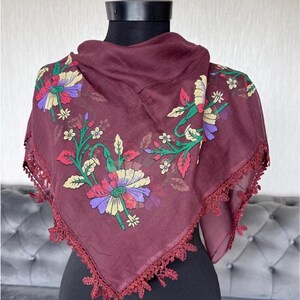 Turkish Anatolian Cotton Kerchief Scarf, Vintage Scarf, Crochet Lace Kerchief, Hand Printed Cotton Kerchief