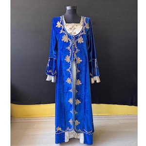 Traditional Blue Velvet Bindalli, Turkish Ethnic Folklore Wedding Women&#39;s Costume, Kaftan Ottoman Model Turkish Motif