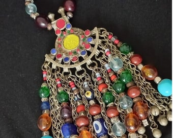 Antique Turkmen Jewelry: Beaded Wall Hanging Amulet