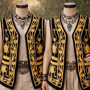 May include: Two black vests with gold floral embroidery are displayed on mannequins. The vests have a V-neck design and are paired with beige tops. Each mannequin wears a layered necklace with turquoise accents and a decorative belt.