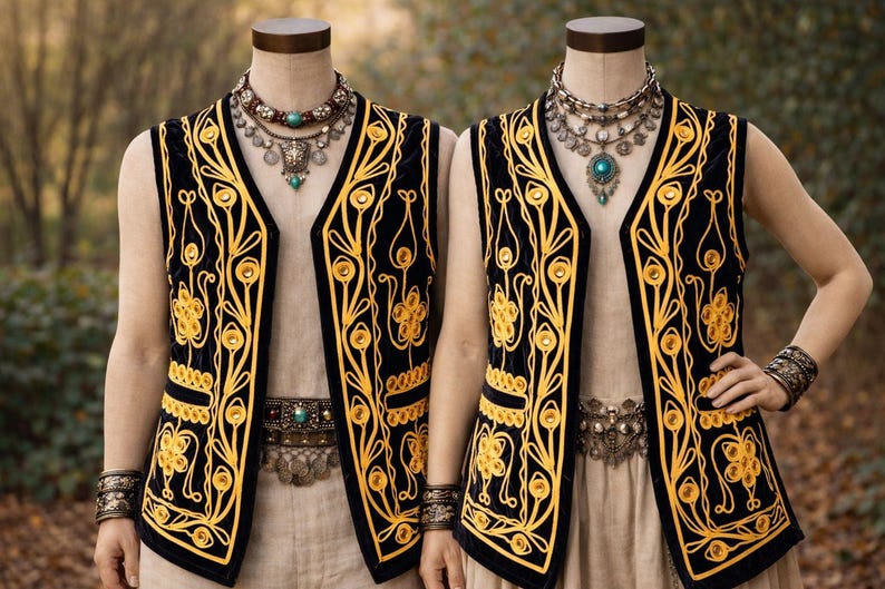 May include: Two black vests with gold floral embroidery are displayed on mannequins. The vests have a V-neck design and are paired with beige tops. Each mannequin wears a layered necklace with turquoise accents and a decorative belt.